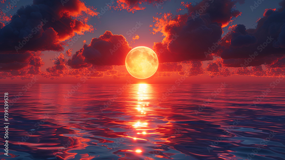 The solar sunset over the surface of the sea, painting the water surface in warm shades, like a pi - obrazy, fototapety, plakaty 