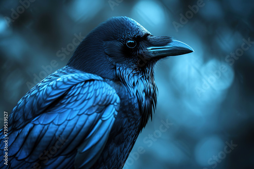 A crow with blue feathers