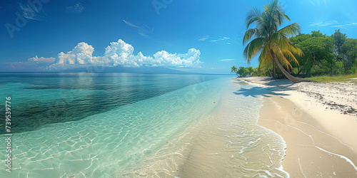 The spreading palm trees on the sandy beach, creating a feeling of tropical paradise on the seash photo