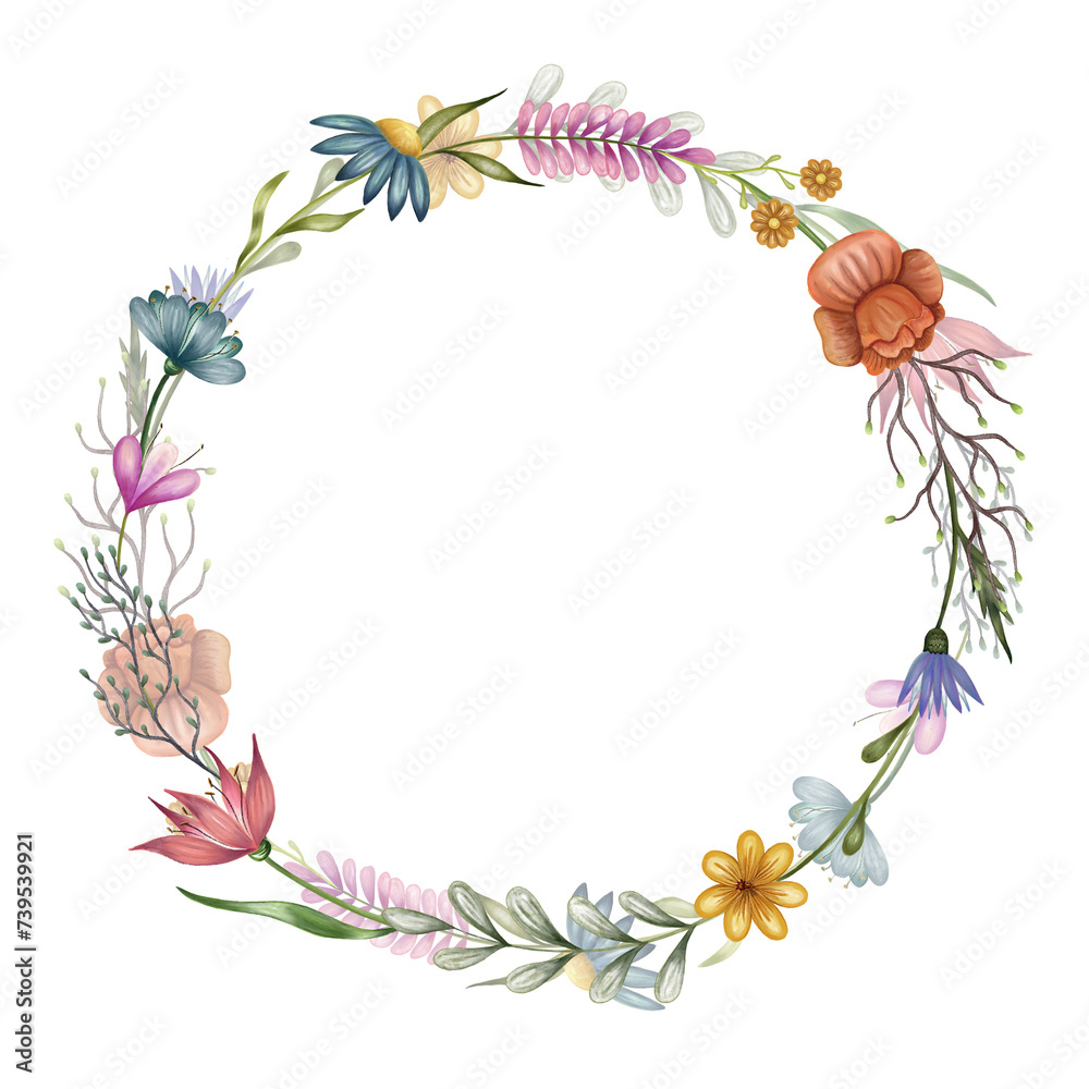 Abstract flowers round wreath. Watercolor circle frame background with hand drawn illustration isolated on white for woman and mother's day card banner design decor and print.