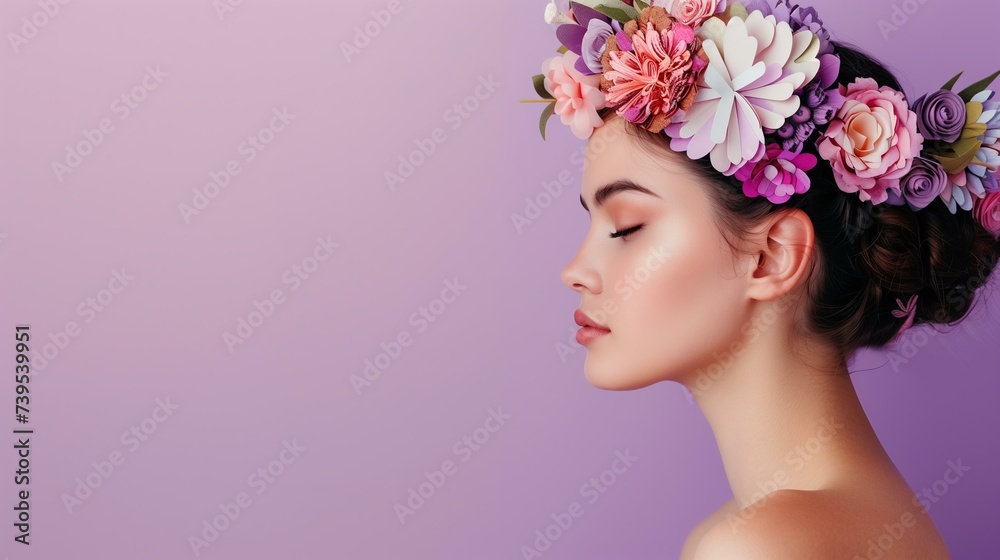 photo of a profile of a beautiful woman with papercut style beautiful flower crown, pastel purple background for March 8 International womans day