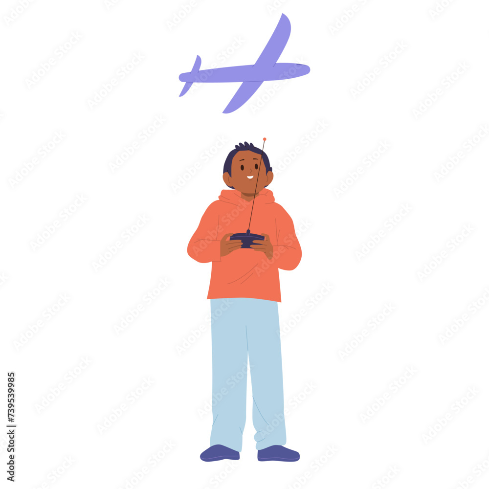 Preteen boy child cartoon character playing with radio controlled airplane vector illustration Preteen boy child cartoon character playing with radio controlled airplane vector illustration