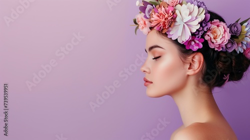 photo of a profile of a beautiful woman with papercut style beautiful flower crown, pastel purple background for March 8 International womans day