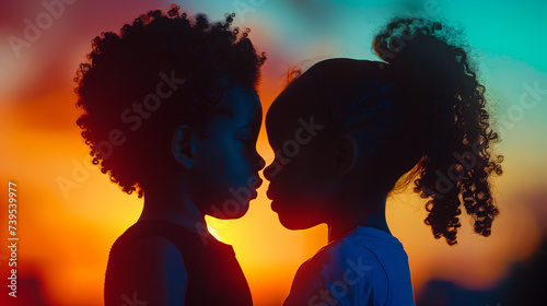 Afro children couple kissing at sunset. Afro-Colombian theme, sunset beach, orange and blue. 