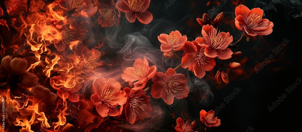 Vibrant red flowers blooming beautifully on a dark black background Vibrant red flowers blooming beautifully on a dark black background