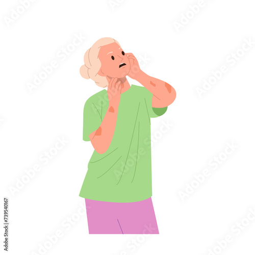 Aged elderly woman cartoon character feeling stress an unwell suffering from psoriasis skin disease