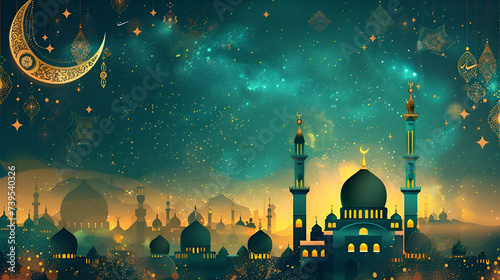 ramadan banner with copy space, golden crescent and mosque with golden pattern on green background with space for text
