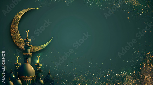 ramadan banner with copy space  golden crescent and mosque with golden pattern on green background with space for text