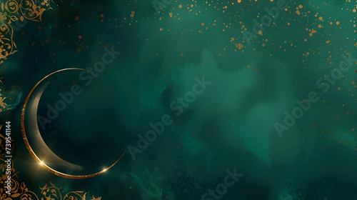 ramadan banner with copy space, golden crescent with gold pattern on green background with space for text