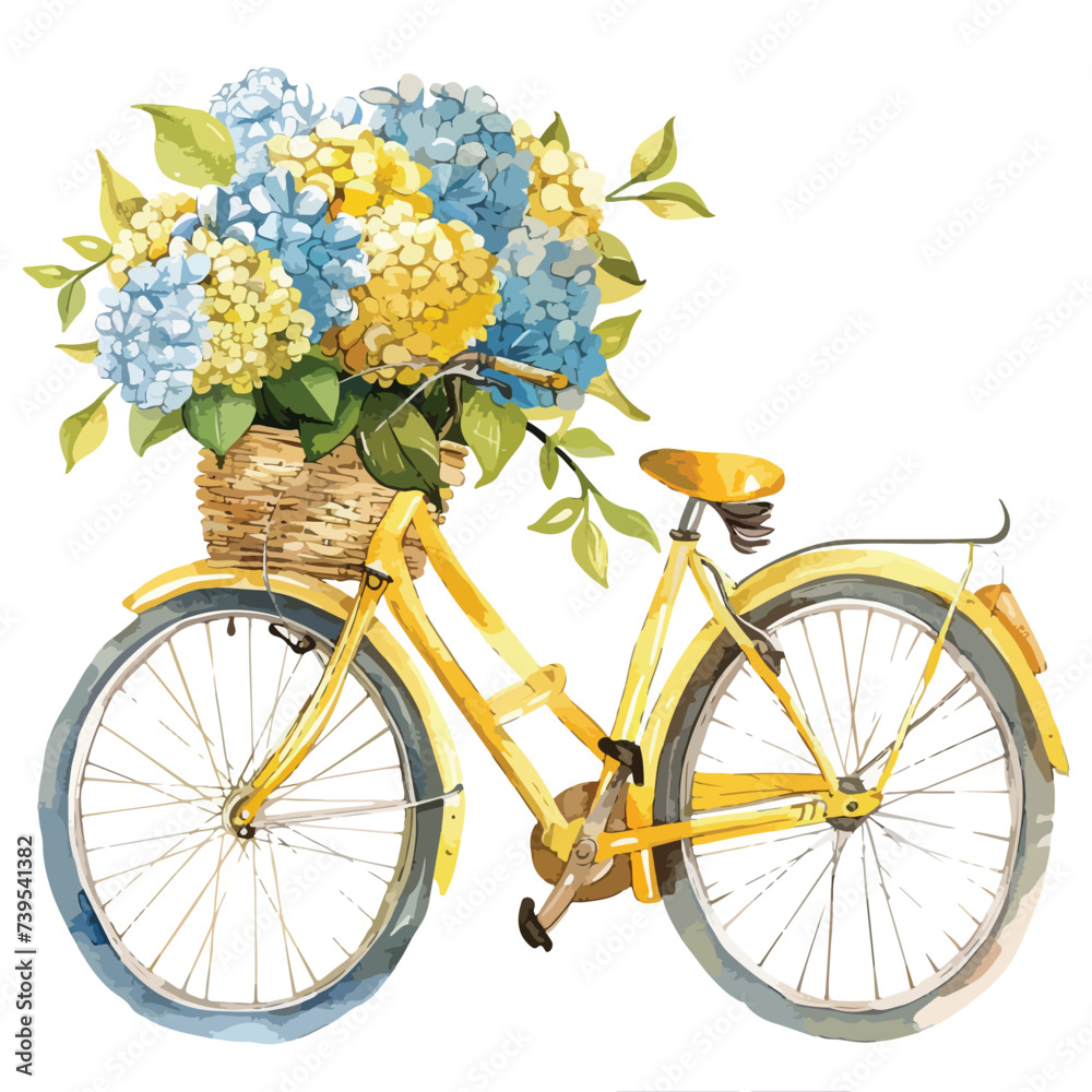 Watercolor illustration of a yellow bicycle with