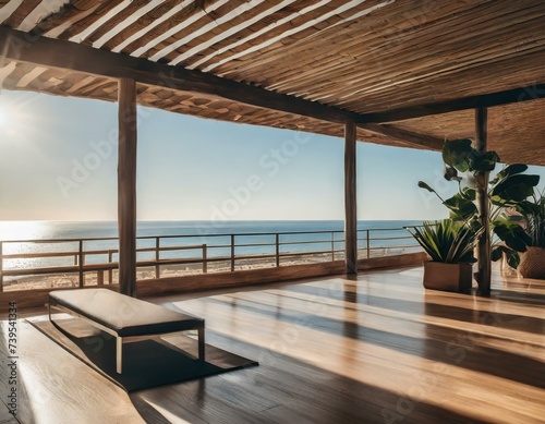 super realistic photo of a modern minimalistic yoga studio in the early morning on the beach