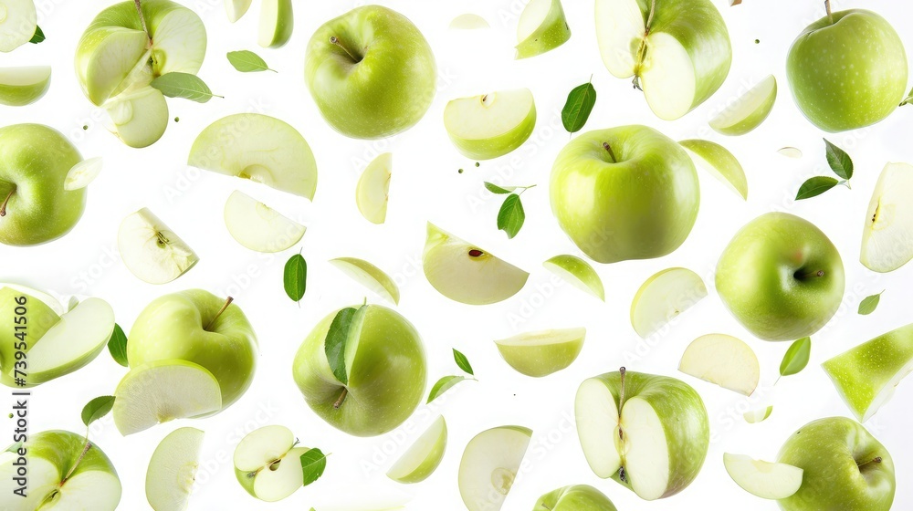 Apples isolated. Levitation of ripe green apples, apple halves and slices on a white background. Apples isolated. Levitation of ripe green apples, apple halves and slices on a white background.