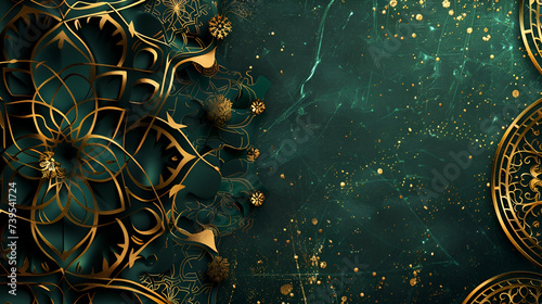 Ramadan banner with copy space, beautiful gold pattern on green background with space for text