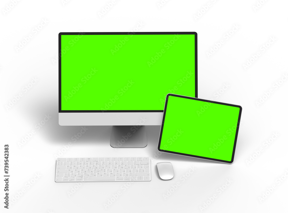 3d render of a desktop computer and tablet with a green screen on a light background. 3d render of a desktop computer and tablet with a green screen on a light background.