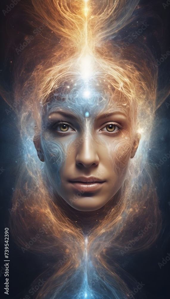 Fototapeta premium Consciousness Expansion, exploring altered states of consciousness for spiritual growth and self-exploration. Human face with spirituality Energy waves
