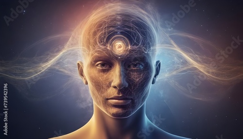 Consciousness Expansion, exploring altered states of consciousness for spiritual growth and self-exploration. Human face with spirituality Energy waves