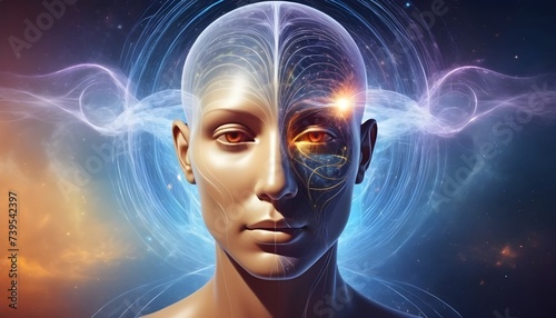 Consciousness Expansion, exploring altered states of consciousness for spiritual growth and self-exploration. Human face with spirituality Energy waves photo