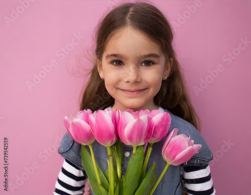 young girl holding tulips wishing happy mothers day, with pink wall behind her and pink flowers photo