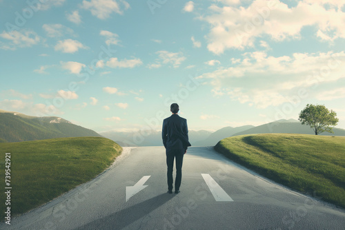 Businessman standing on the road and looking at the road to success