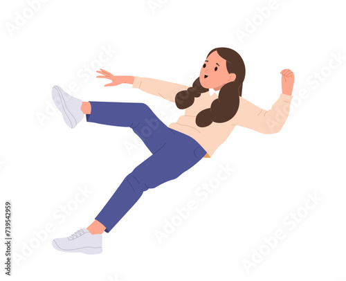Unhappy slipped tripped girl kid cartoon character falling down on walk outdoors vector illustration