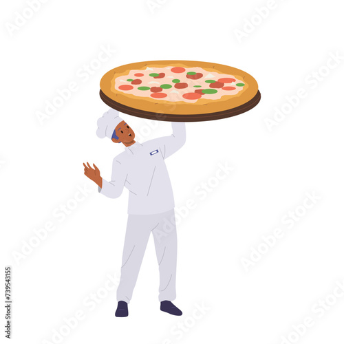 Young man cook pizzaiolo cartoon character holding giant pizza isolated on white background