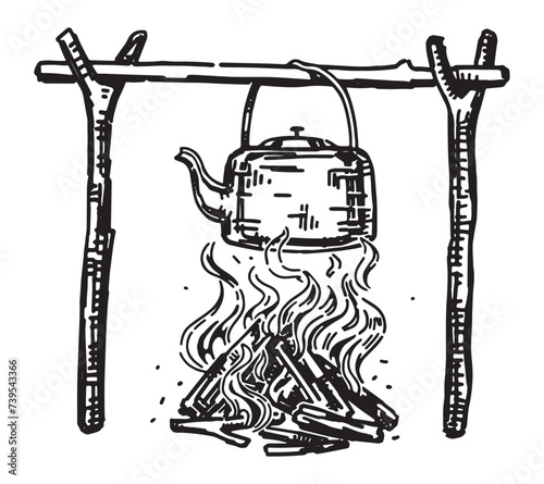 Campfire sketch. Clipart of kettle over the fire. Hand drawn vector illustration isolated on white.