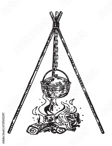 Campfire sketch. Clipart of cauldron over the fire on tripod. Hand drawn vector illustration isolated on white.