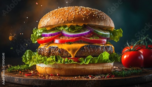 food photography , studio photography , ultra big burger, patty , focus on the delicious beef meat with sesame salad in restaurant kitchen close up