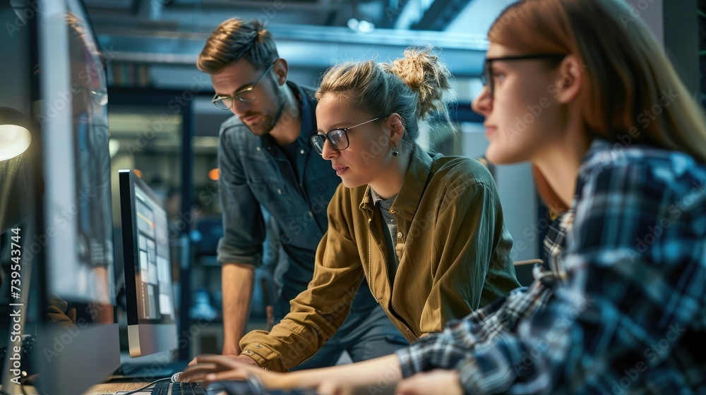Software engineers working on project and programming in company. Startup business group working as team to find solution to problem. Woman programmer working on computer with colleagues standing Software engineers working on project and programming in company. Startup business group working as team to find solution to problem. Woman programmer working on computer with colleagues standing