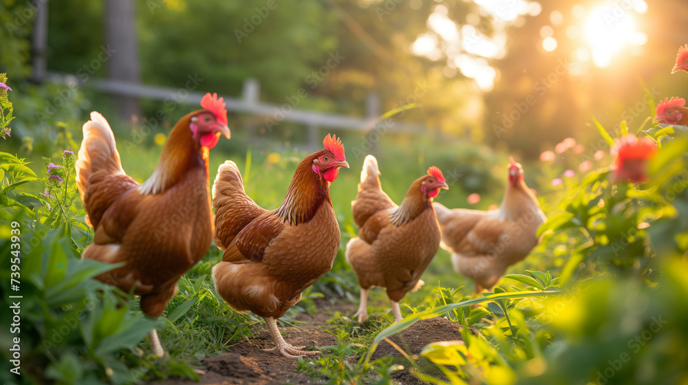 Fototapeta premium Group of red hens on a farm. Eggs laying chickens in backyard. 