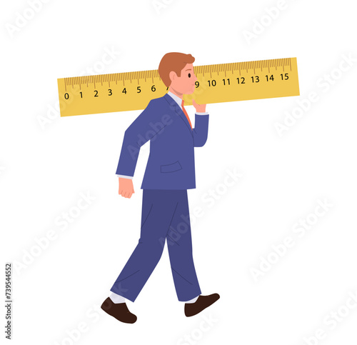 Businessman cartoon character wearing suit carrying giant ruler on shoulder isolated on white photo