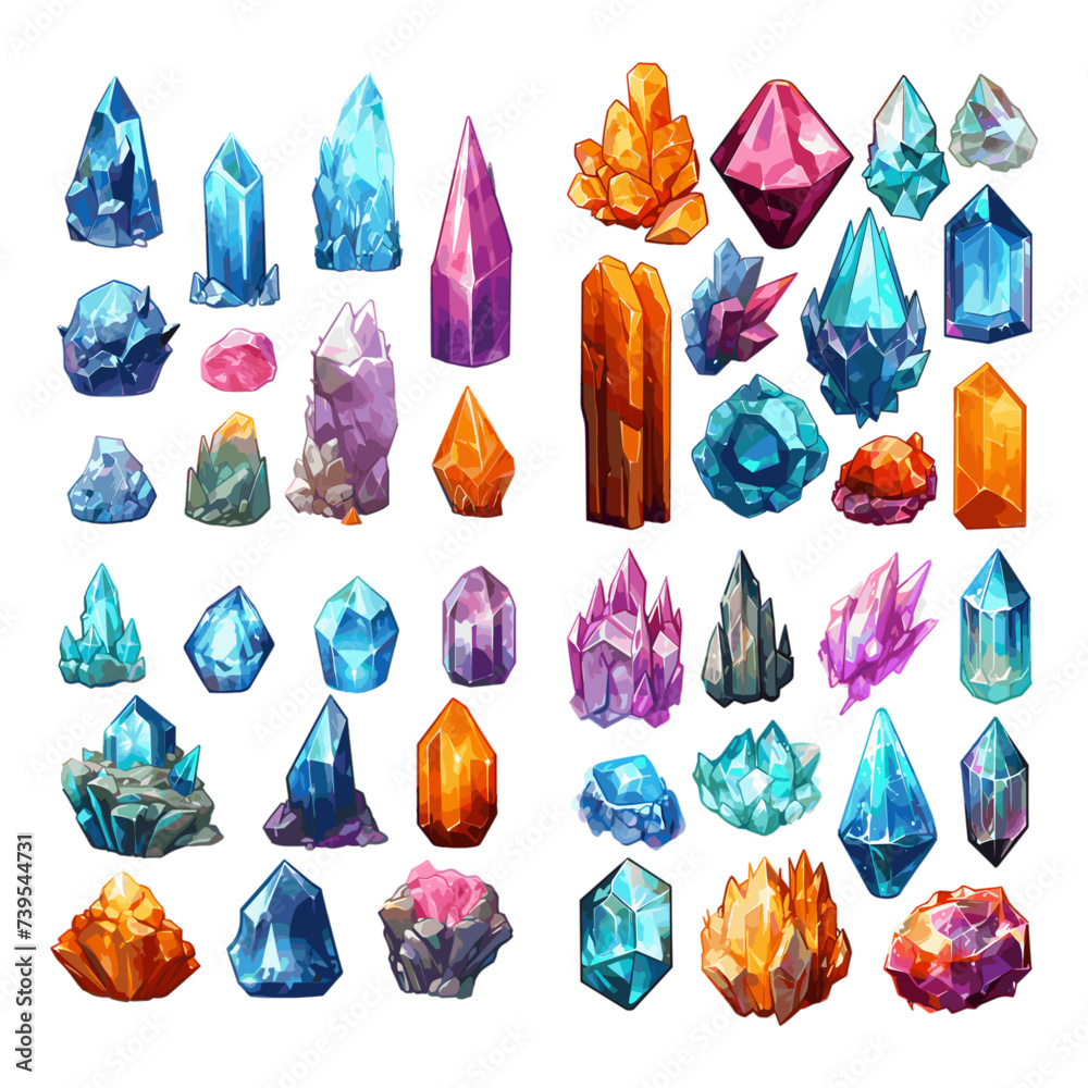 Magic crystals and exquisite gems cartoon detailed set, gemstone materials and treasures. Vector illustrations of luminous crystals, sparkling jewel stones, for gaming, isolated on white back ground Magic crystals and exquisite gems cartoon detailed set, gemstone materials and treasures. Vector illustrations of luminous crystals, sparkling jewel stones, for gaming, isolated on white back ground