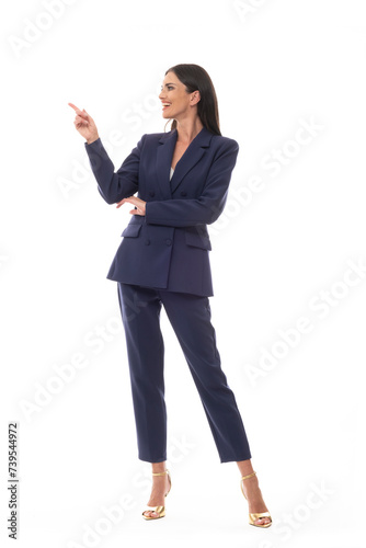 Beautiful and slim professional model in a suit on a white background.