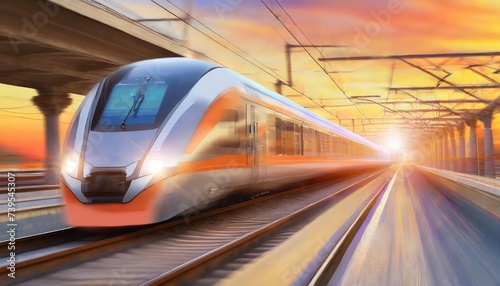 High speed train in motion on the railway station at sunset. Fast moving modern passenger 