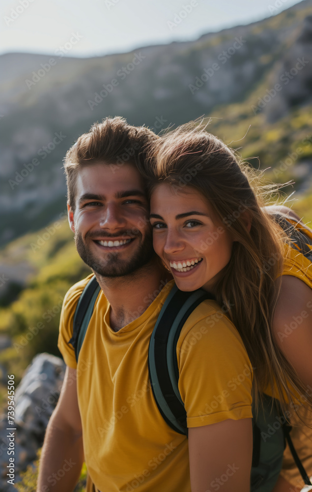 young man and woman hiking in mountain in sunny day