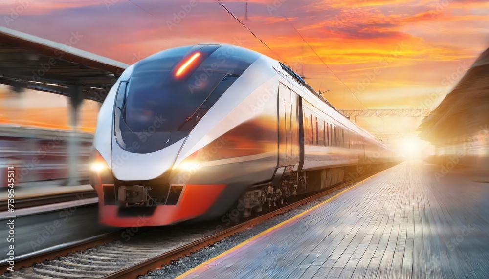Naklejka premium High speed train in motion on the railway station at sunset. Fast moving modern passenger 