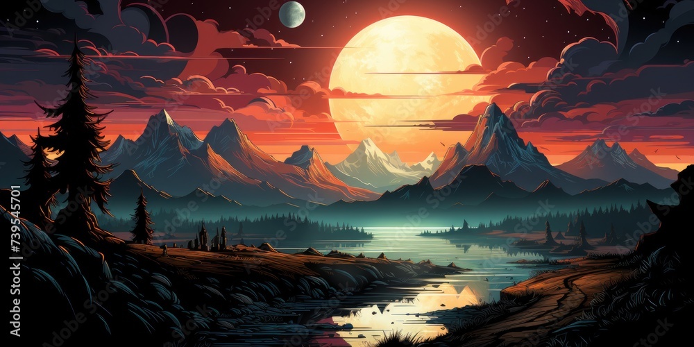 Fantasy landscape illustration with vibrant sunset and mountains. Digital art and wallpaper. Banner.
