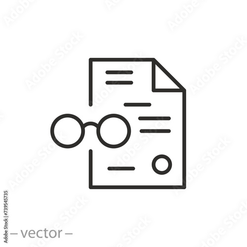 see document icon, view detail in documents, papper sheet and glasses, familiarize with conditions, thin line symbol on white background - editable stroke vector illustration