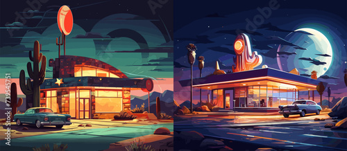 Night motel on the highway, bright cartoon illustrations. Building with interior lighting, concept of travel, cafe in desert location. Spot for car travelers, journey midnight vibe, hand drawn