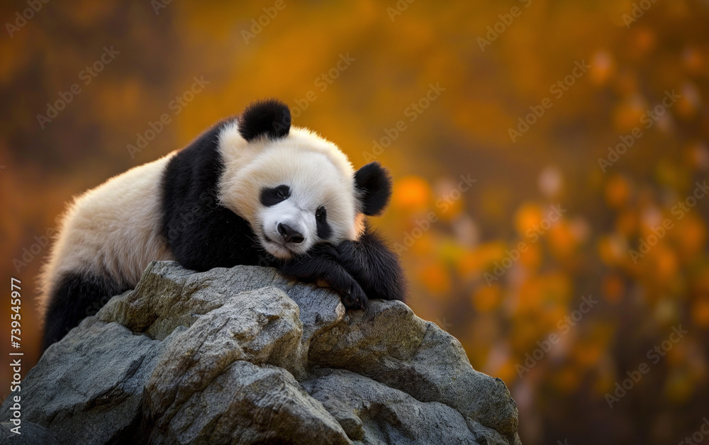 Panda sleep on the rock. Generative AI