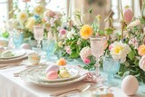 Pastel Easter table setting with floral arrangement, colored eggs, and vintage glassware