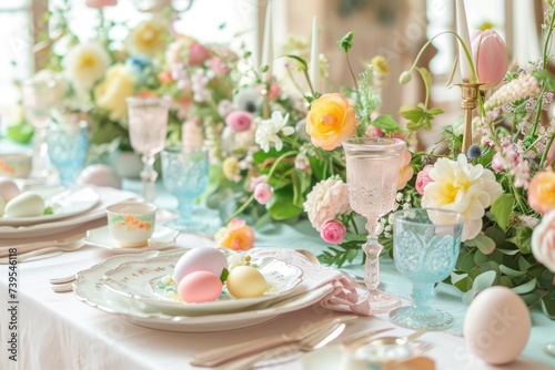 Pastel Easter table setting with floral arrangement, colored eggs, and vintage glassware photo