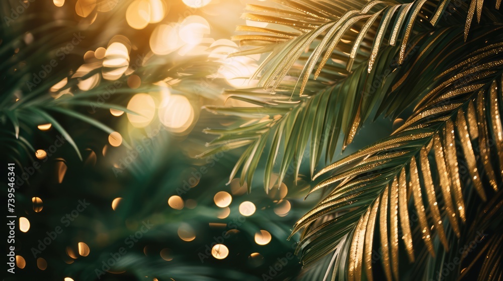Lush tropical greenery with shimmering golden accents and soft bokeh lights create a magical and luxurious jungle ambiance.. Lush tropical greenery with shimmering golden accents and soft bokeh lights create a magical and luxurious jungle ambiance..