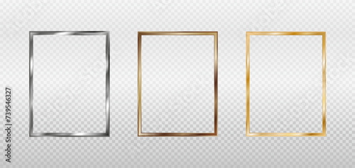 Gold, silver, bronze and copper rectangular frames for a picture or photo. 3d vector illustration isolated on transparent background.