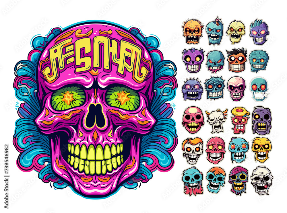 Fototapeta premium Skull stickers pack, bright trendy cartoon style. Grotesque characters with different emotions in many colors. Scribble design, modern vector graphics set. Isolated on white background