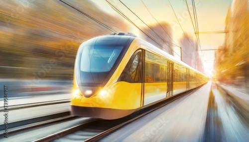 Yellow tram with moves fast in the city. High speed passenger train in motion on railroad. 