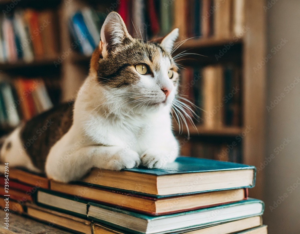 intelligent cat lying on books in library intelligent cat lying on books in library