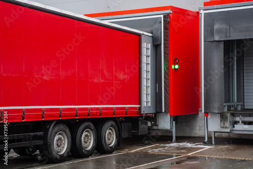 Warehouse cross docking loading station with red cargo car docked working at large logistics centre photo