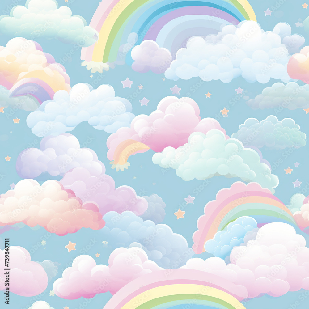Illustration for a children's book: colorful cute clouds and rainbows. The background.
