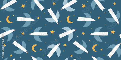 Seamless pattern with white abstract birds against the background of the night sky, stars, clouds. Vector graphics. Dream print with flying pigeons and seagulls.